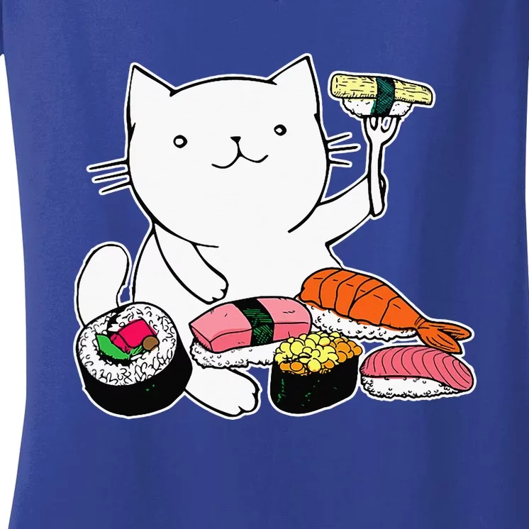 Cute Sushi Eating Cat Funny Animal Pet Women's V-Neck T-Shirt