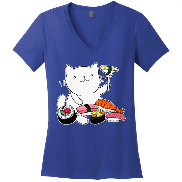 Cute Sushi Eating Cat Funny Animal Pet Women's V-Neck T-Shirt