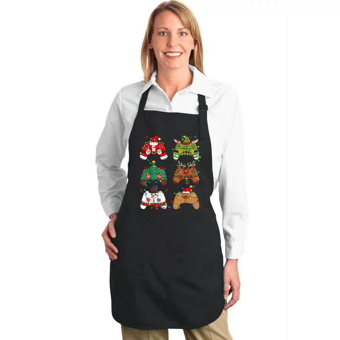 Christmas Santa Elf Lights Gaming Controllers Xmas Full-Length Apron With Pocket