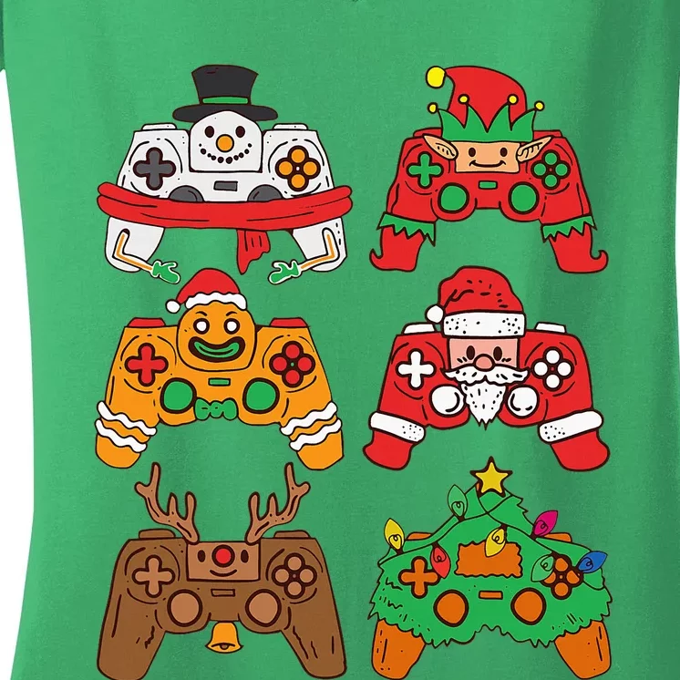 Christmas Santa Elf Gaming Controllers Snowman Women's V-Neck T-Shirt