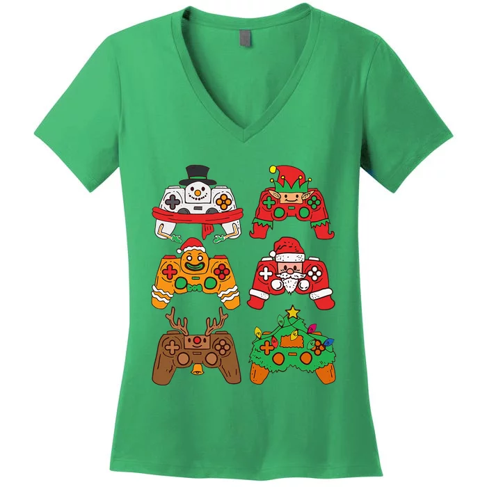 Christmas Santa Elf Gaming Controllers Snowman Women's V-Neck T-Shirt