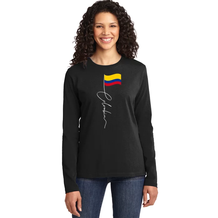 Colombia Signature Flag Pole Patriotic Colombian Flag Ladies Long Sleeve Shirt