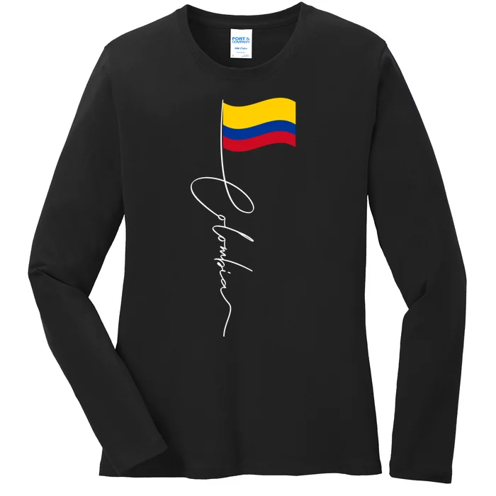 Colombia Signature Flag Pole Patriotic Colombian Flag Ladies Long Sleeve Shirt