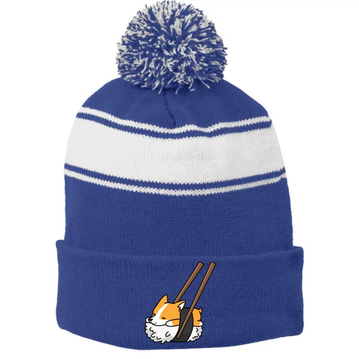 Corgi Sushi Funny Dog Gift Stripe Pom Pom Beanie