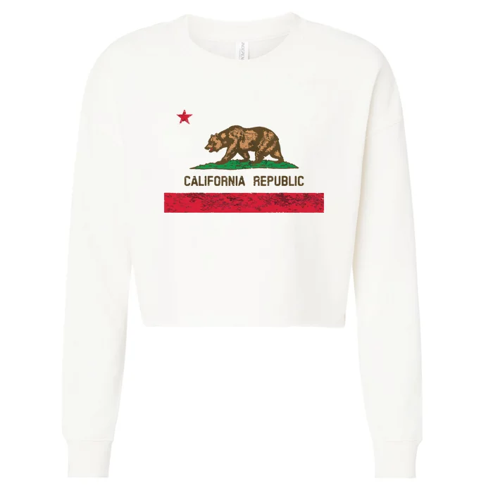 California State Flag Grizzly Bear Cali Distressed Style Cropped Pullover Crew