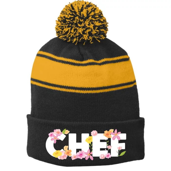 Chef Spring Floral Stripe Pom Pom Beanie