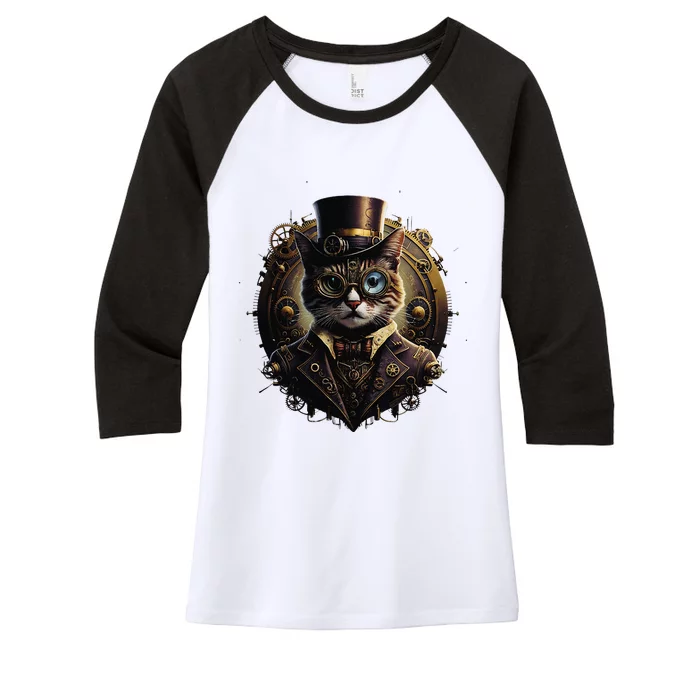 Cat Steampunk Fashion Vintage Victorian Style Women's Tri-Blend 3/4-Sleeve Raglan Shirt