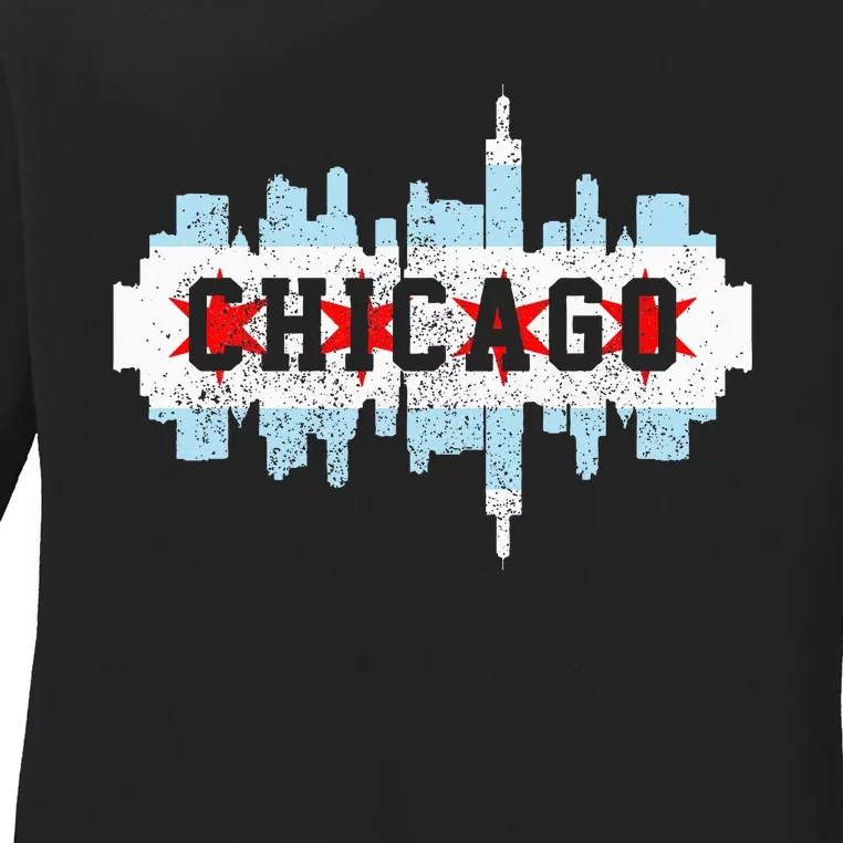 Chicago Skyline Flag City Illinois Souvenir Ladies Long Sleeve Shirt