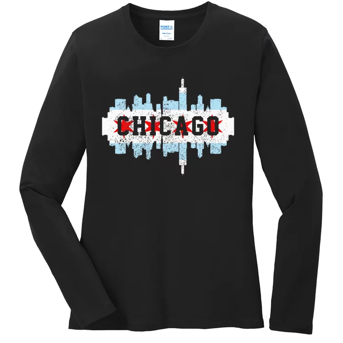 Chicago Skyline Flag City Illinois Souvenir Ladies Long Sleeve Shirt