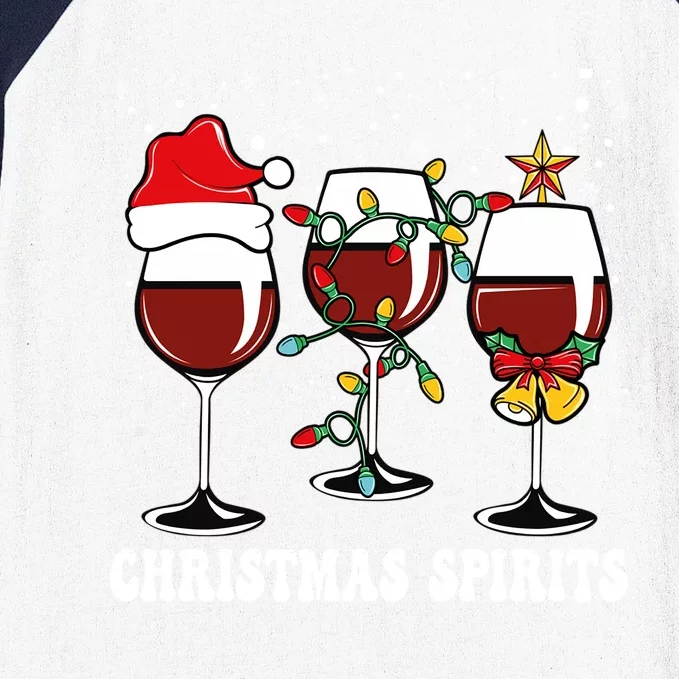 Christmas Spirits Funny Glasses Of Wine Santa Hat Reindeer Gift Baseball Sleeve Shirt