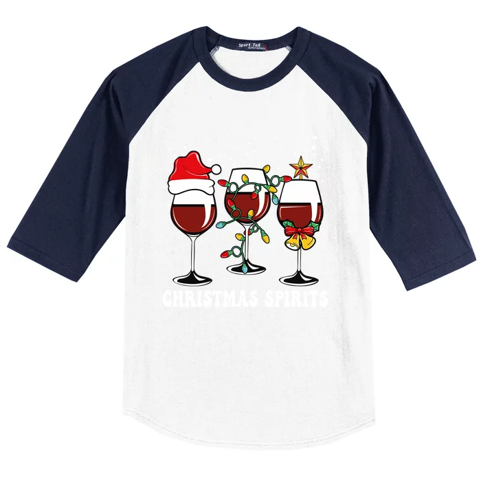 Christmas Spirits Funny Glasses Of Wine Santa Hat Reindeer Gift Baseball Sleeve Shirt