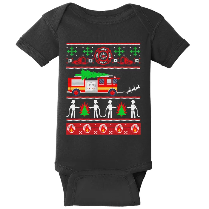 Christmas Santas Favorite Fireman Firefighter Ugly Sweater Baby Bodysuit