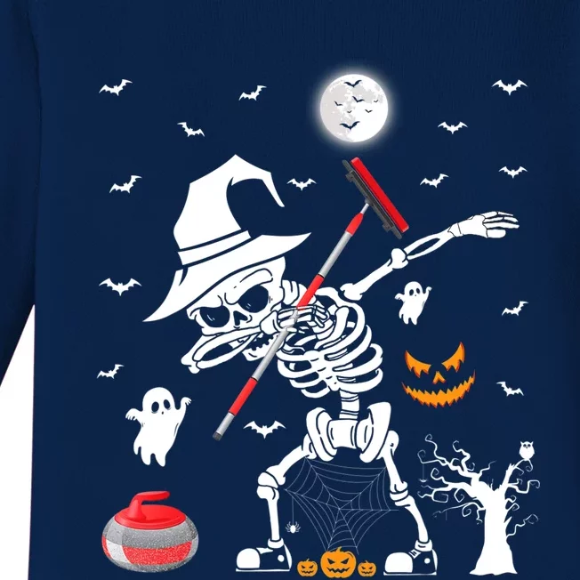 Curling Sports Funny Skeleton Dabbing Curling Halloween Baby Long Sleeve Bodysuit