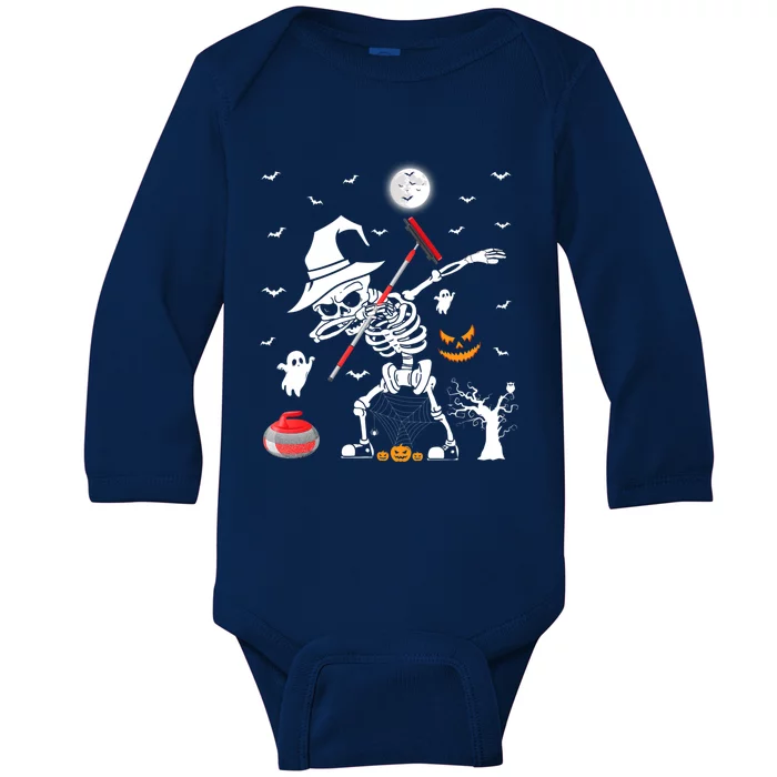 Curling Sports Funny Skeleton Dabbing Curling Halloween Baby Long Sleeve Bodysuit