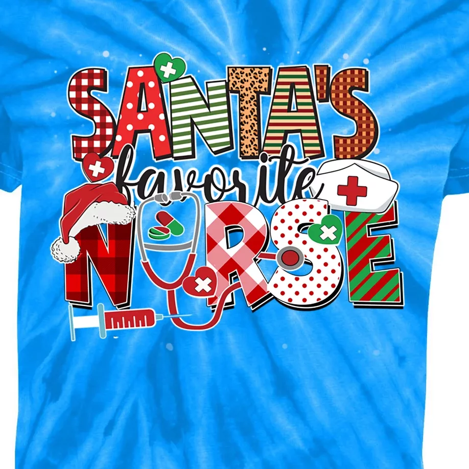 Christmas Santas Favorite Nurse Red Plaid Matching Nurse Gift Kids Tie-Dye T-Shirt