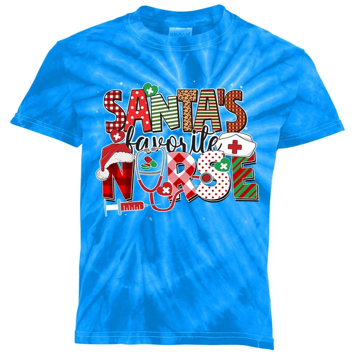 Christmas Santas Favorite Nurse Red Plaid Matching Nurse Gift Kids Tie-Dye T-Shirt