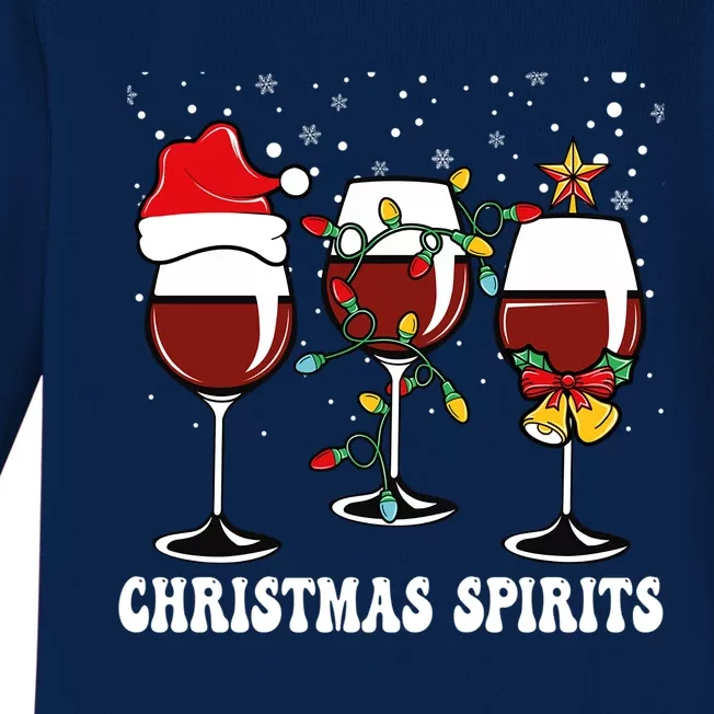 Christmas Spirits Funny Glasses Of Wine Santa Hat Reindeer Gift Baby Long Sleeve Bodysuit