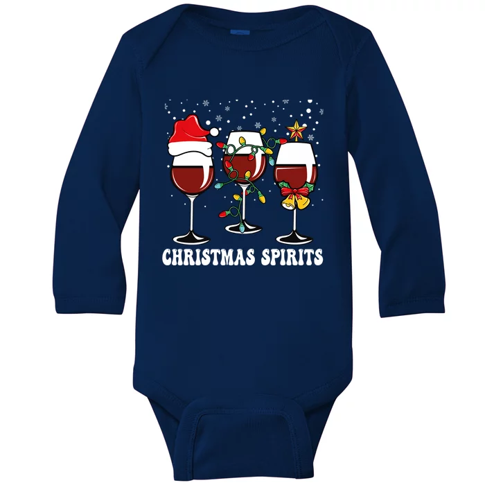 Christmas Spirits Funny Glasses Of Wine Santa Hat Reindeer Gift Baby Long Sleeve Bodysuit