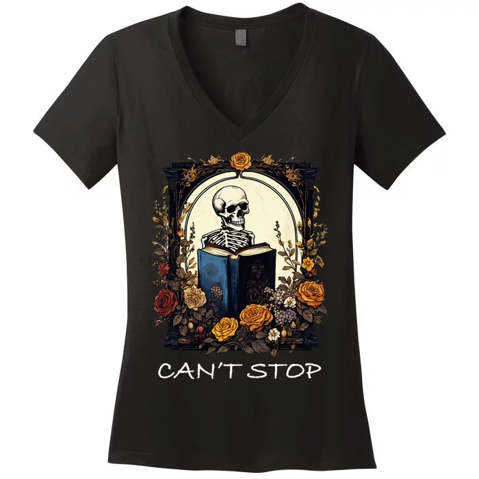 Can't Stop Floral Skeleton Reading Bookworm Reader Funny Women's V-Neck T-Shirt