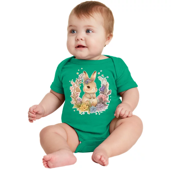 Cute Springtime Floral Baby Bunny Rabbit Baby Bodysuit