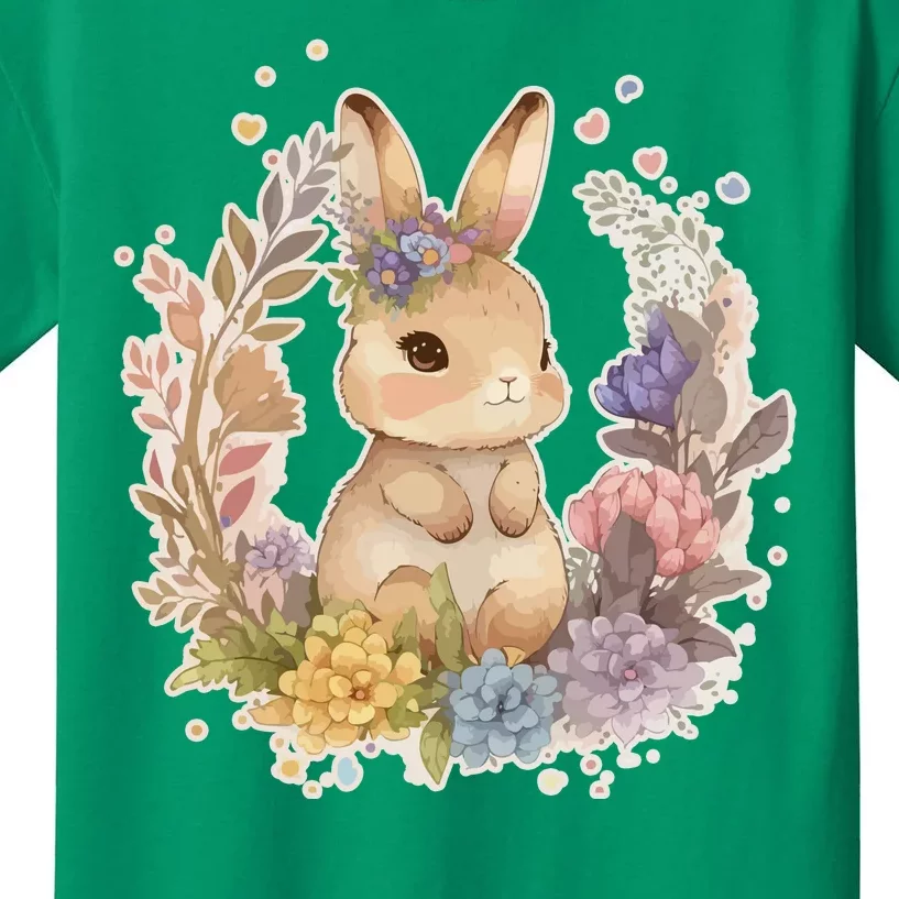 Cute Springtime Floral Baby Bunny Rabbit Kids T-Shirt