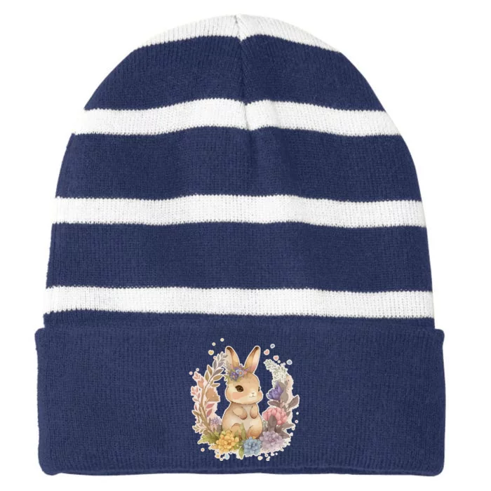 Cute Springtime Floral Baby Bunny Rabbit Striped Beanie with Solid Band