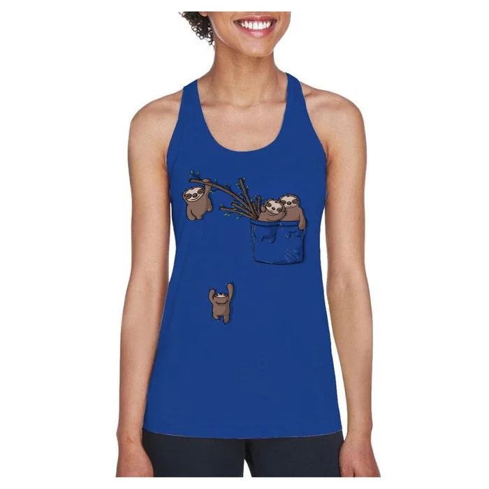 Cute Sloth Family Playing Hanging Out In Pocket Gift Women's Racerback Tank