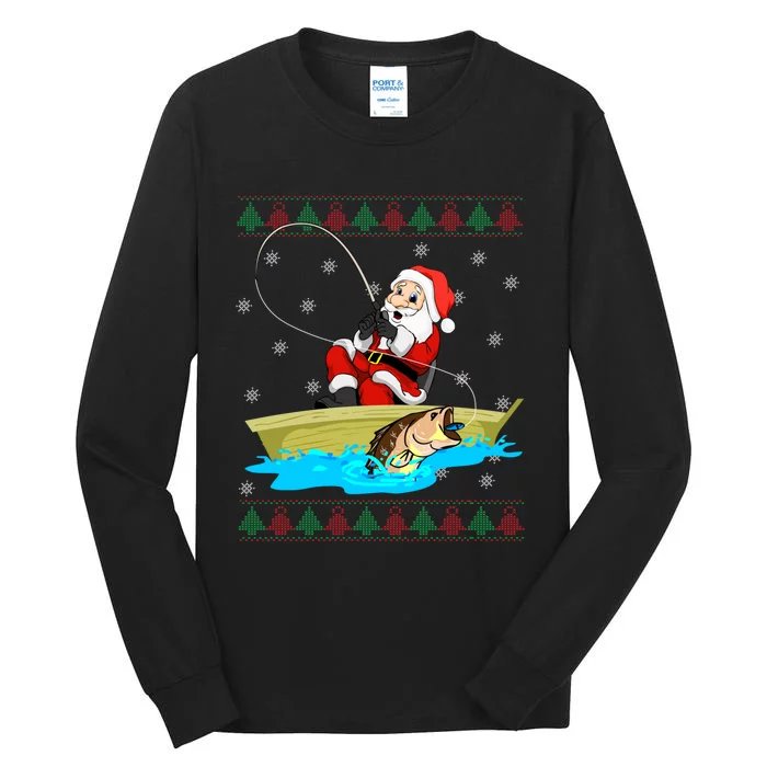 Christmas Santa Fisherman Funny Xmas Fishing Lovers Gift Tall Long Sleeve T-Shirt