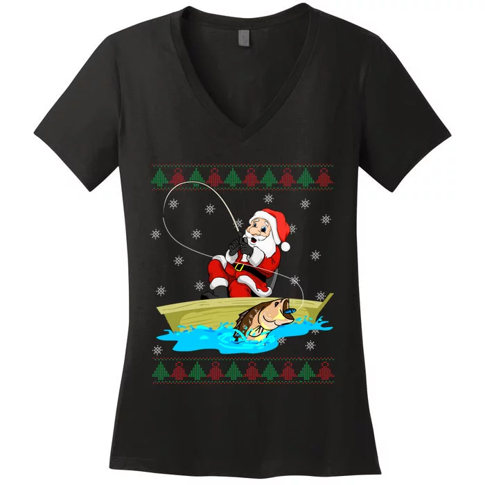 Christmas Santa Fisherman Funny Xmas Fishing Lovers Gift Women's V-Neck T-Shirt