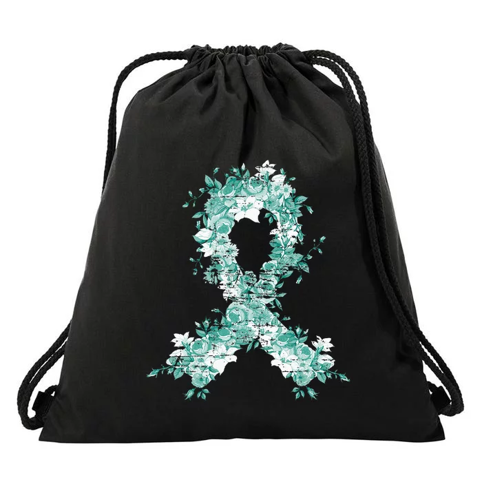 Cancer Survivor Gift Teal Ribbon Ovarian Cancer Awareness Drawstring Bag