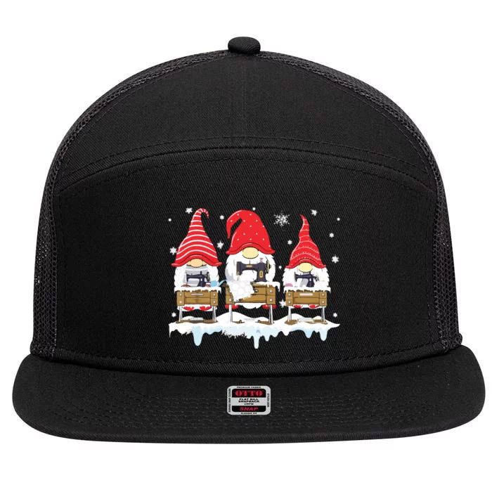 Cute Sewing Gnomes Santa Quilting Xmas Funny Christmas Gift 7 Panel Mesh Trucker Snapback Hat