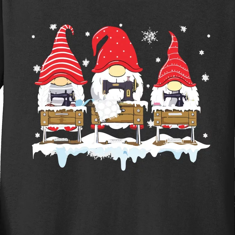 Cute Sewing Gnomes Santa Quilting Xmas Funny Christmas Gift Kids Long Sleeve Shirt