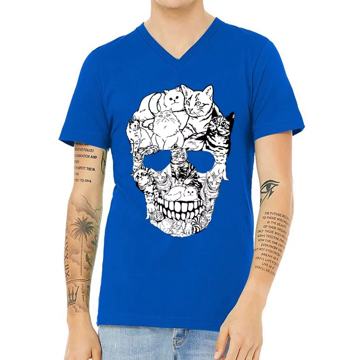 Cat Skull Gift Cat Skeleton Gift Halloween Gift V-Neck T-Shirt