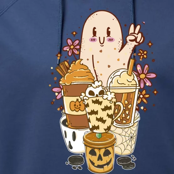 Cute Spooky Ghost Boho Coffee Autumn Aesthetic Halloween Cool Gift Performance Fleece Hoodie