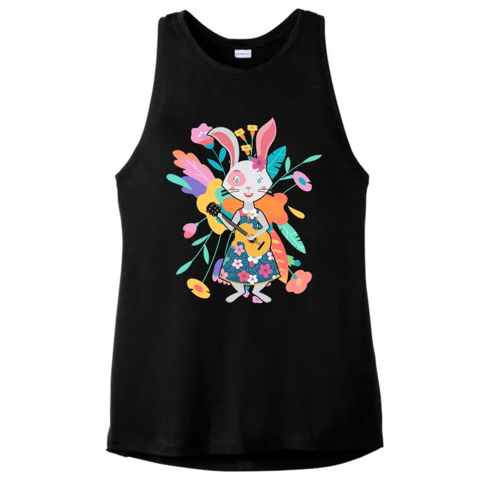 Cute Springtime Guitar Playing Bunny Rabbit Ladies Tri-Blend Wicking Tank