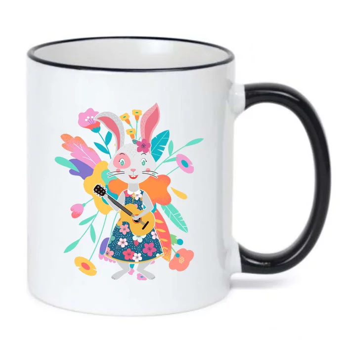 Cute Springtime Guitar Playing Bunny Rabbit Black Color Changing Mug