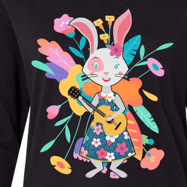 Cute Springtime Guitar Playing Bunny Rabbit Womens Cotton Relaxed Long Sleeve T-Shirt