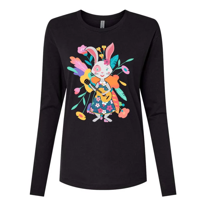 Cute Springtime Guitar Playing Bunny Rabbit Womens Cotton Relaxed Long Sleeve T-Shirt