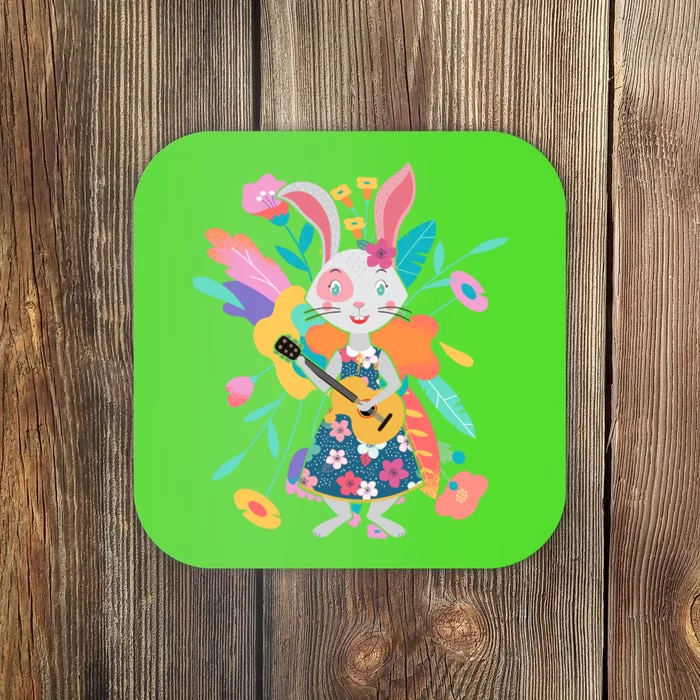 Cute Springtime Guitar Playing Bunny Rabbit Coaster