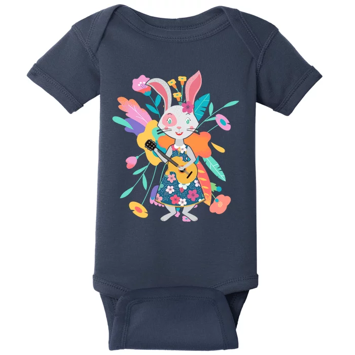 Cute Springtime Guitar Playing Bunny Rabbit Baby Bodysuit