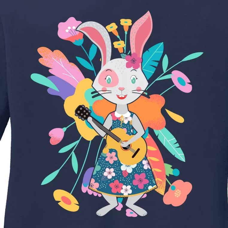 Cute Springtime Guitar Playing Bunny Rabbit Ladies Long Sleeve Shirt