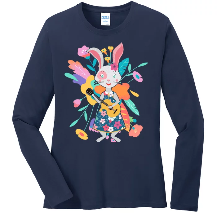 Cute Springtime Guitar Playing Bunny Rabbit Ladies Long Sleeve Shirt