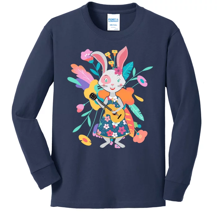 Cute Springtime Guitar Playing Bunny Rabbit Kids Long Sleeve Shirt