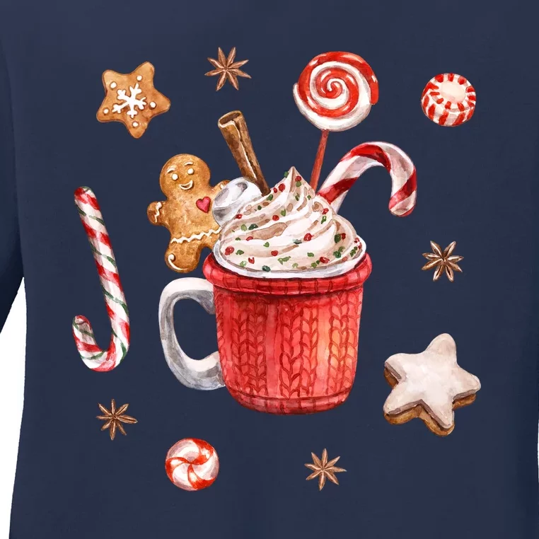 Christmas Season Gingerbread Hot Coco Ladies Long Sleeve Shirt