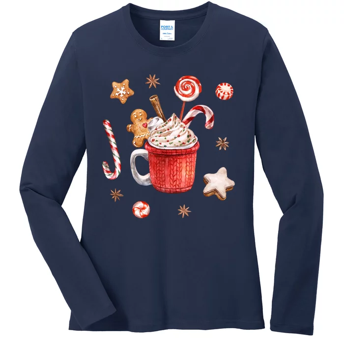 Christmas Season Gingerbread Hot Coco Ladies Long Sleeve Shirt