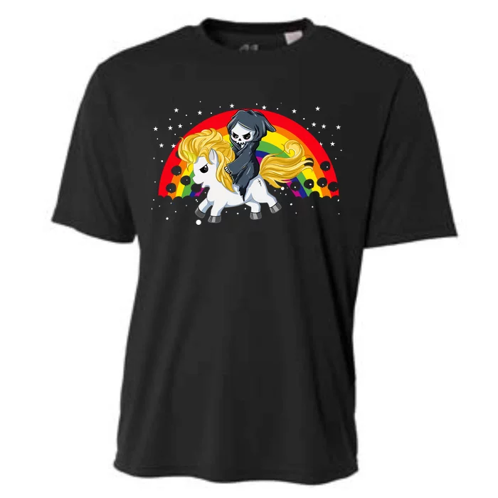 Cute Scary Ghost Face Skull Reaper On Golden Unicorn Rainbow Cooling Performance Crew T-Shirt