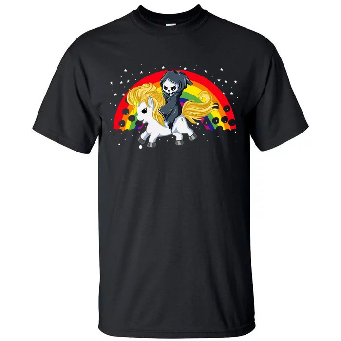 Cute Scary Ghost Face Skull Reaper On Golden Unicorn Rainbow Tall T-Shirt