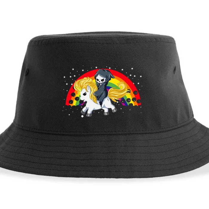 Cute Scary Ghost Face Skull Reaper On Golden Unicorn Rainbow Sustainable Bucket Hat