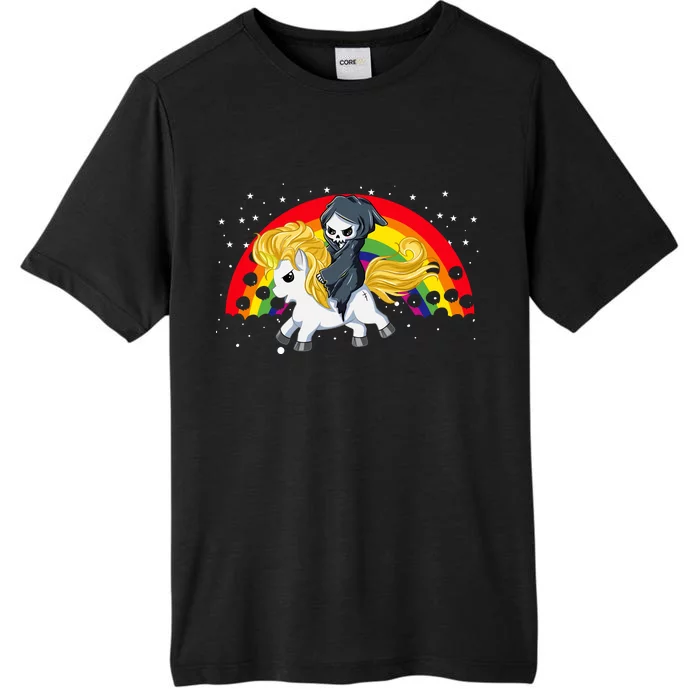 Cute Scary Ghost Face Skull Reaper On Golden Unicorn Rainbow ChromaSoft Performance T-Shirt