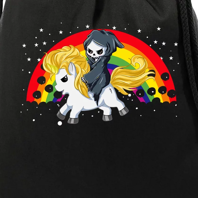 Cute Scary Ghost Face Skull Reaper On Golden Unicorn Rainbow Drawstring Bag